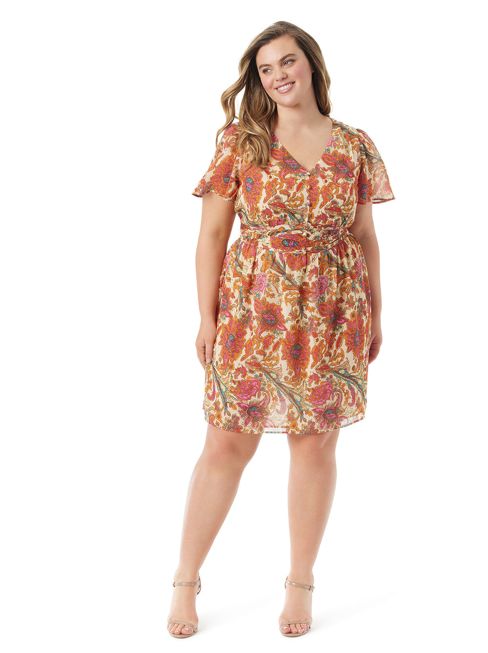 Vilma Button Front Dress in Apricot Sherbet Paisley | Jessica Simpson Women