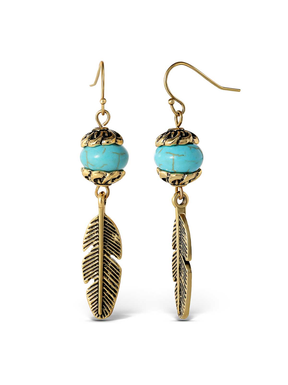 Turquoise Bead Feather Drop Earrings in Gold | Jessica Simpson Accessories