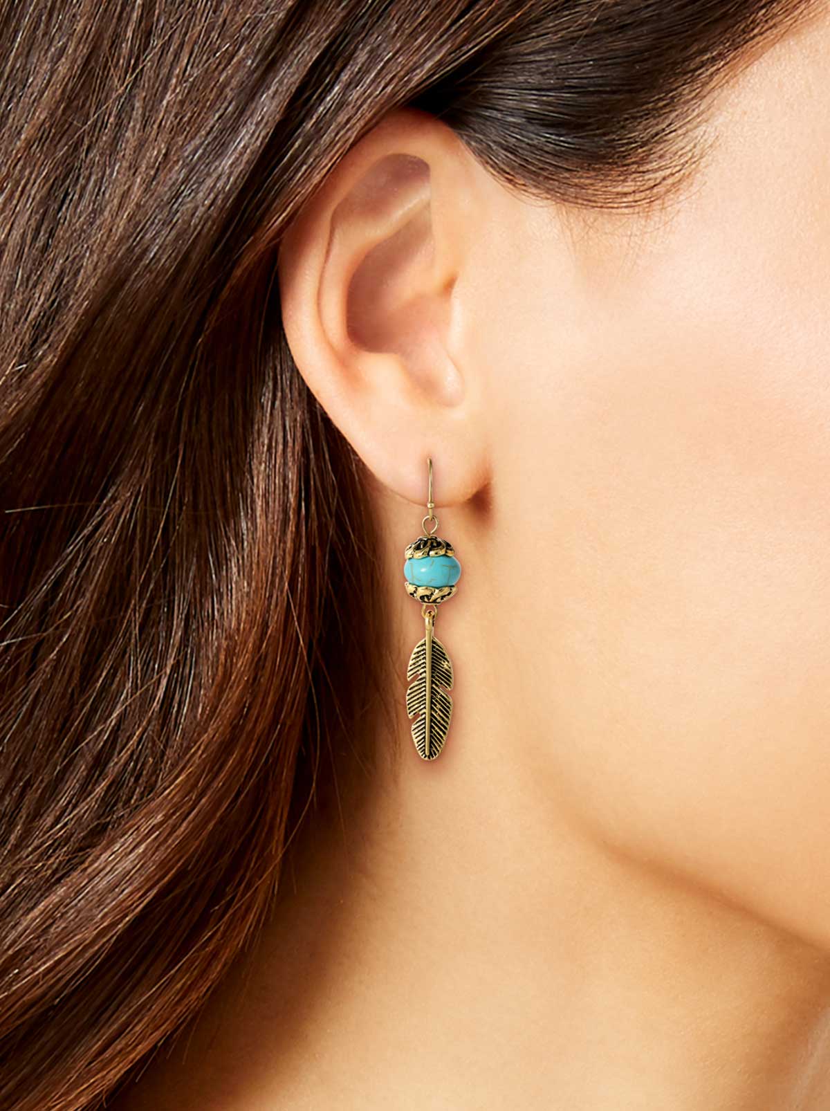Turquoise Bead Feather Drop Earrings in Gold | Jessica Simpson Accessories