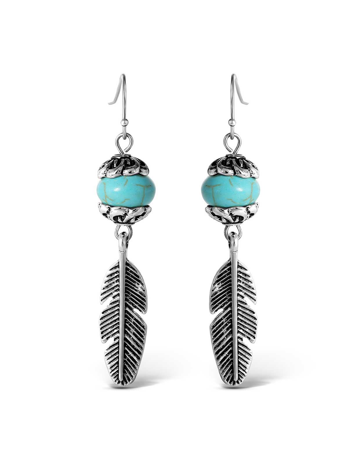 Turquoise Bead Feather Drop Earrings in Silver | Jessica Simpson Accessories