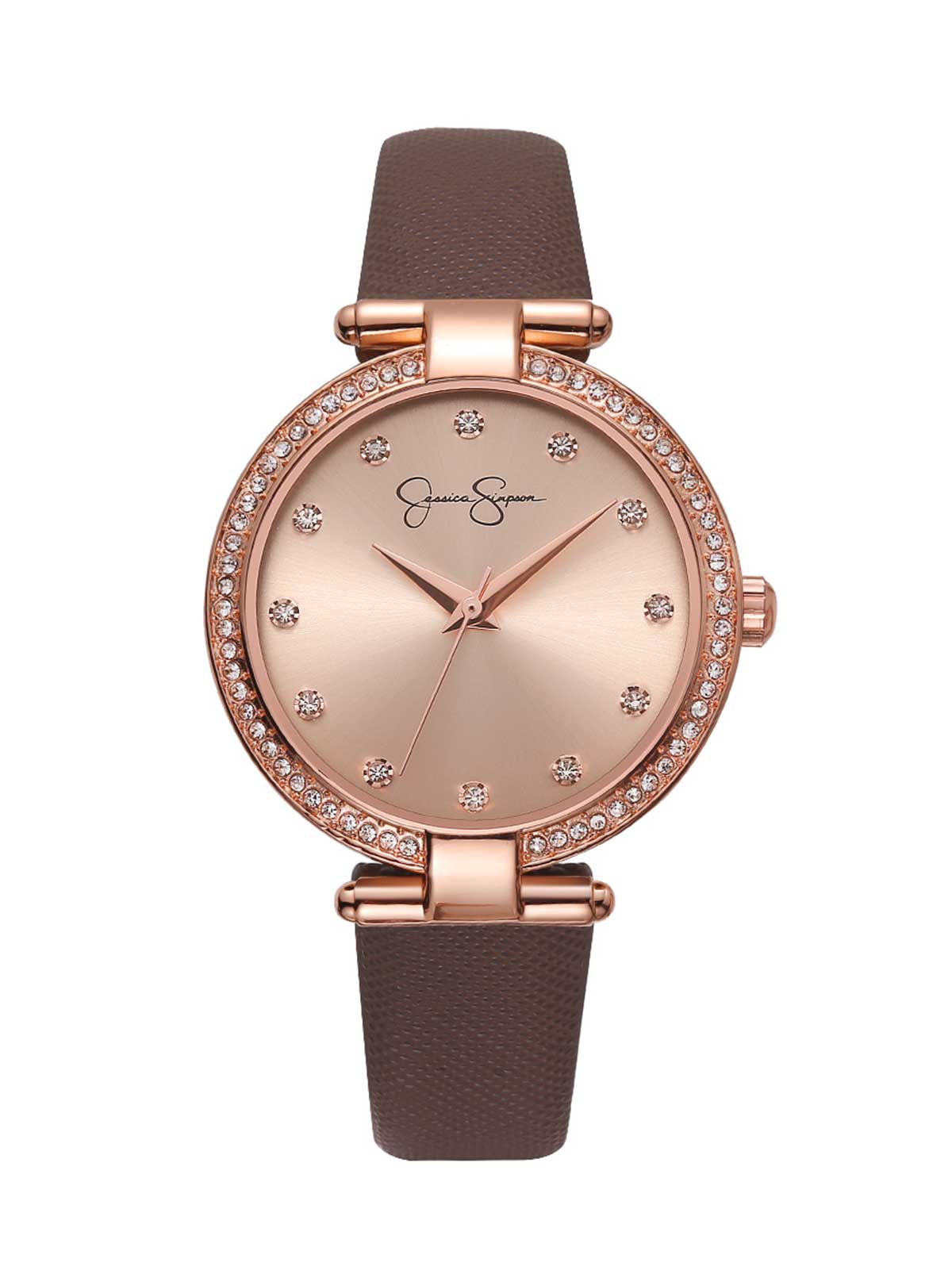 Crystal Bezel Brown Strap Watch in Rose Gold Tone | Jessica Simpson Accessories