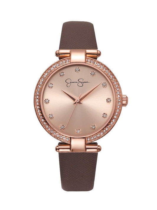 Crystal Bezel Brown Strap Watch in Rose Gold Tone | Jessica Simpson Accessories