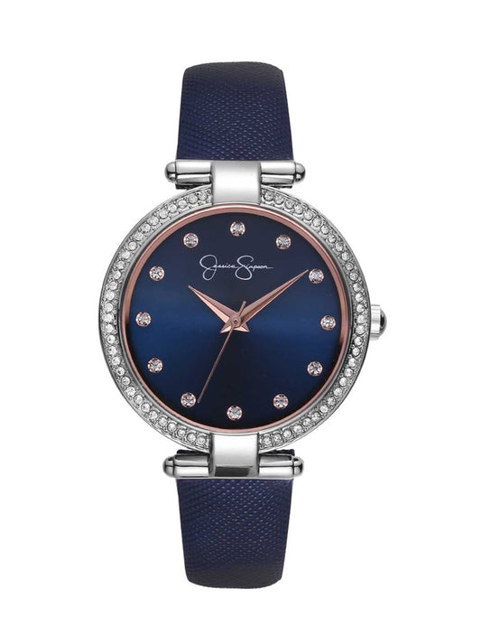 Crystal Bezel Navy Strap Watch in Silver Tone | Jessica Simpson Accessories