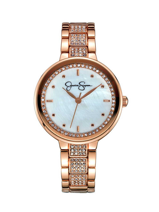 Crystal & Genuine Mother Of Pearl Dial Watch in Rose Gold Tone | Jessica Simpson Accessories