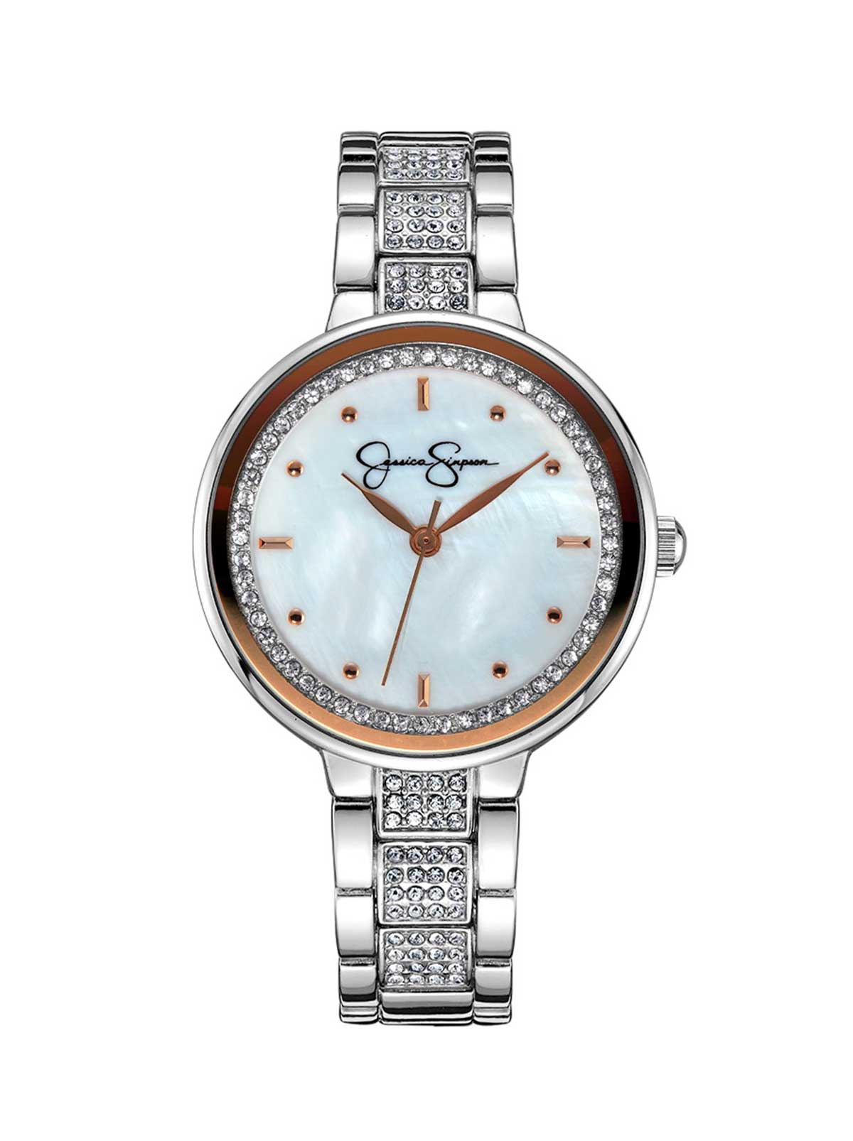 Crystal & Genuine Mother Of Pearl Dial Watch in Silver Tone | Jessica Simpson Accessories