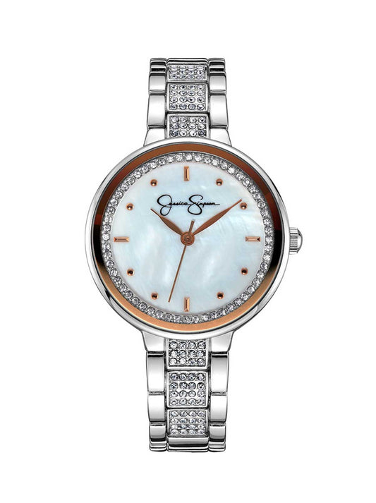 Crystal & Genuine Mother Of Pearl Dial Watch in Silver Tone | Jessica Simpson Accessories