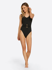 Textured Solids Belted One Piece in Black | Jessica Simpson Women