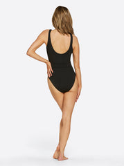 Textured Solids Belted One Piece in Black | Jessica Simpson Women