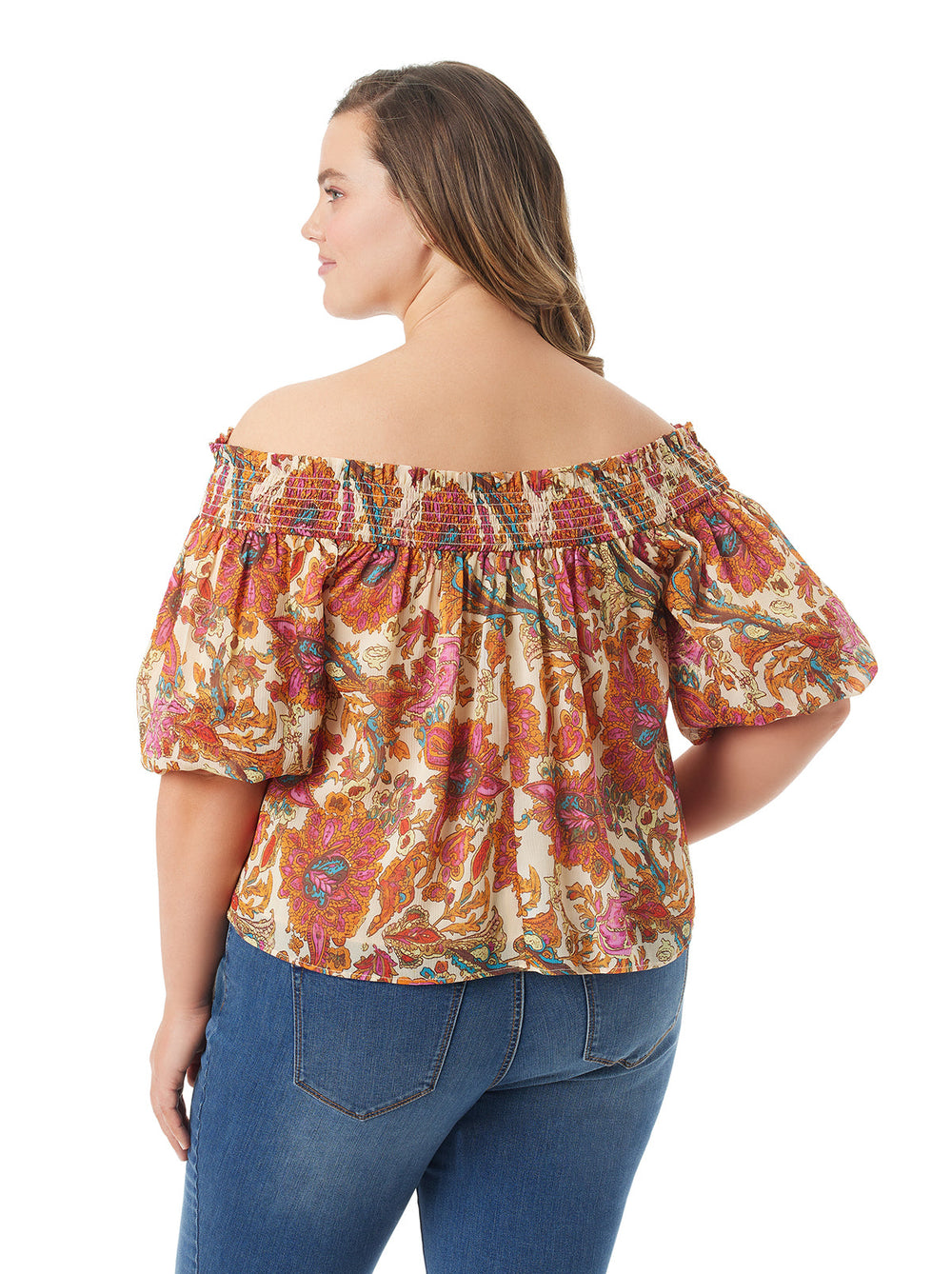Rosiya Off Shoulder Top in Apricot Sherbet Paisley | Jessica Simpson Women