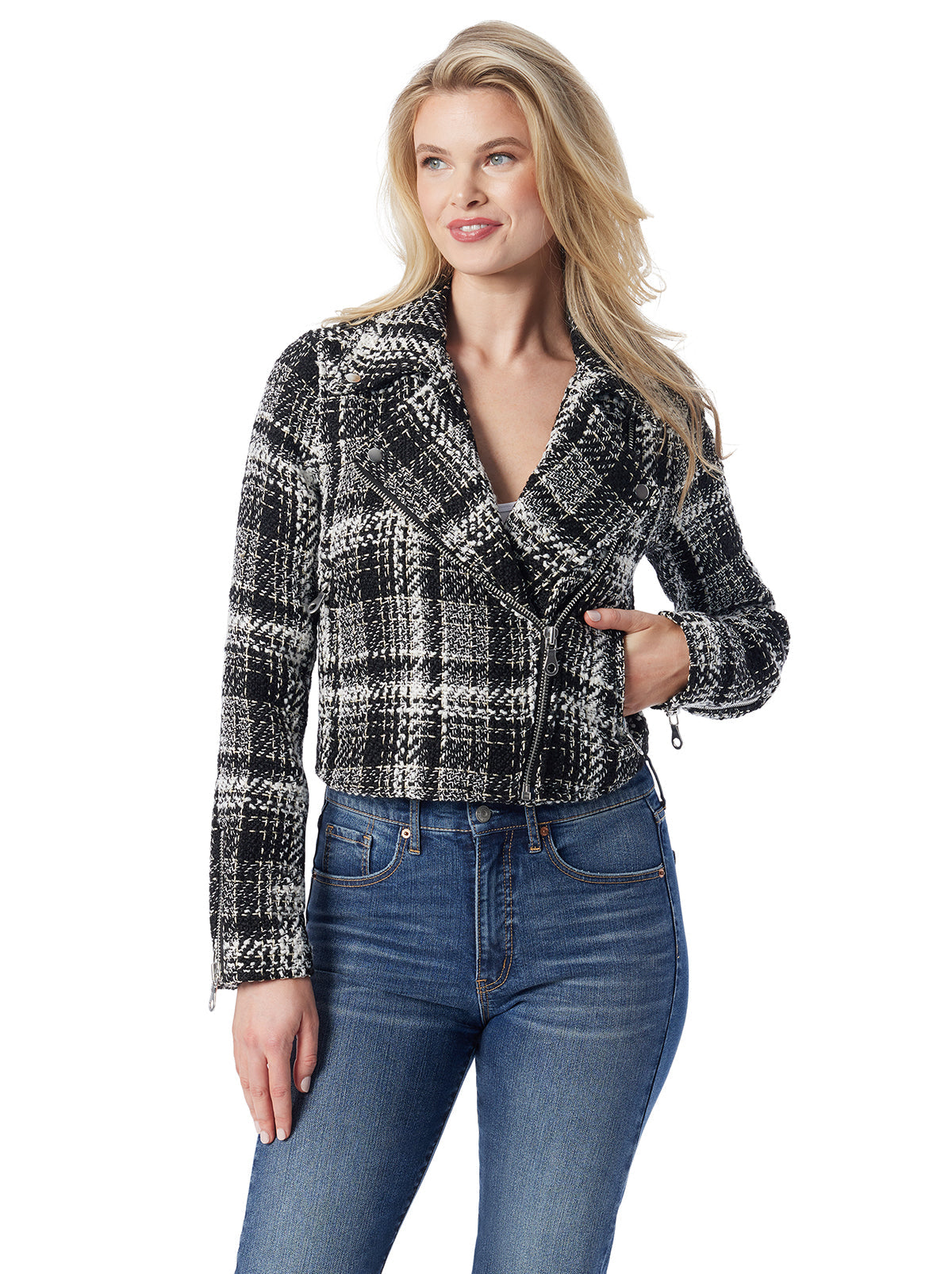 Biker Jacket in Black & White Tweed | Jessica Simpson Women