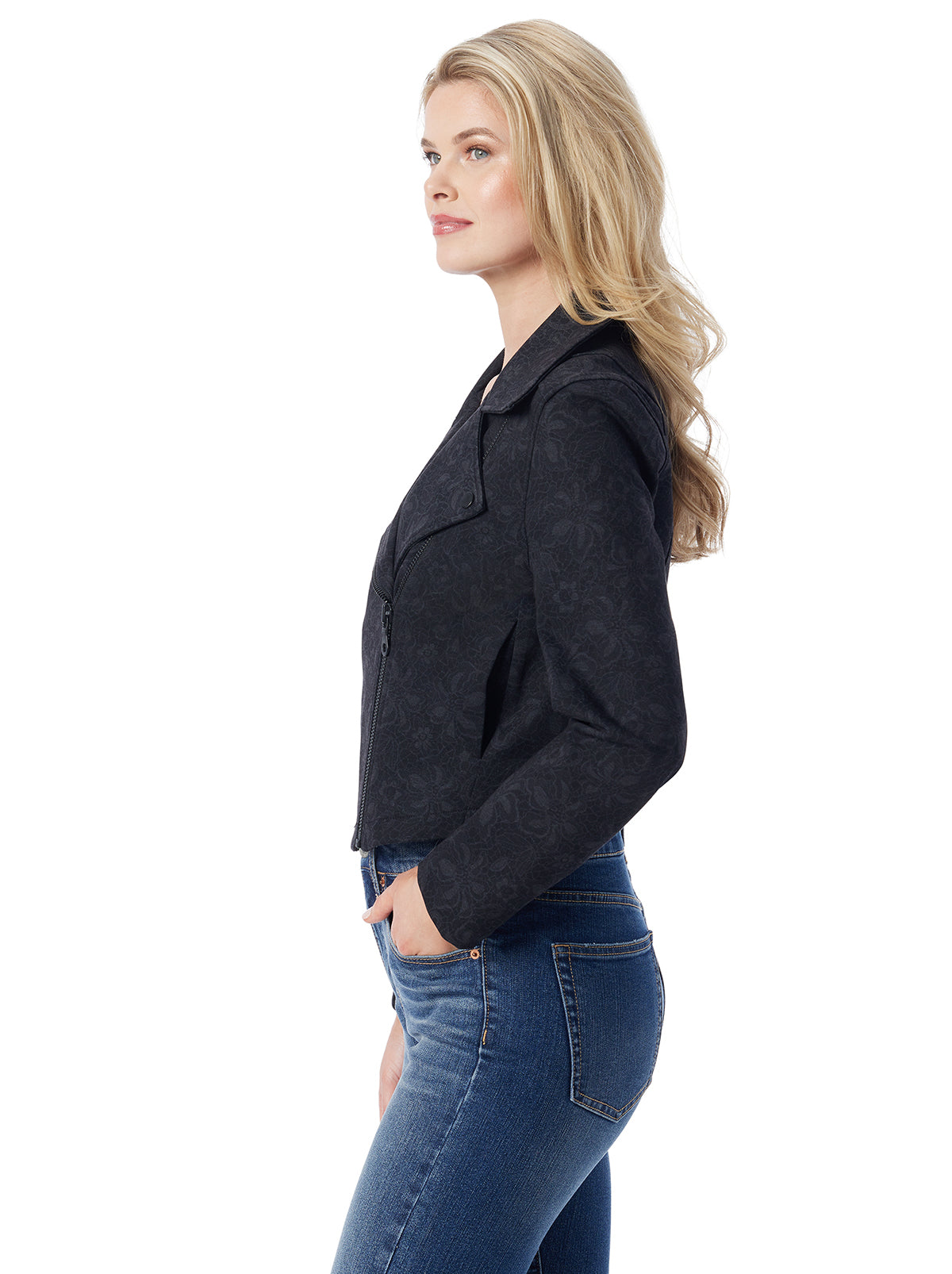 Biker Jacket in Black Laced Floral | Jessica Simpson Women