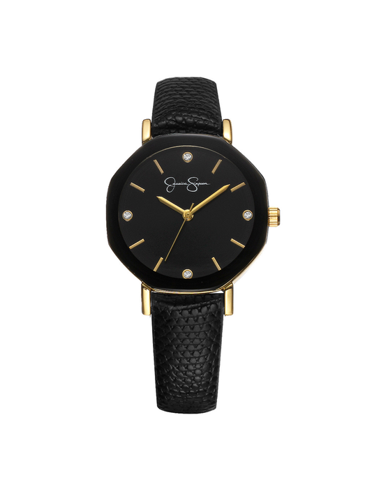Metallized Bezel Strap Watch in Black & Gold Tone | Jessica Simpson Accessories