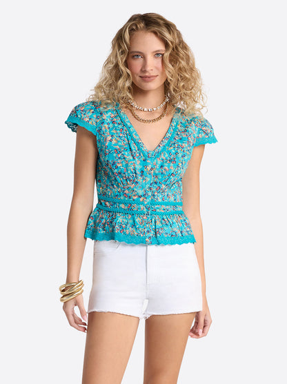 Alessia Blouse in Tile Blue Acrylic Ditsy | Jessica Simpson Women