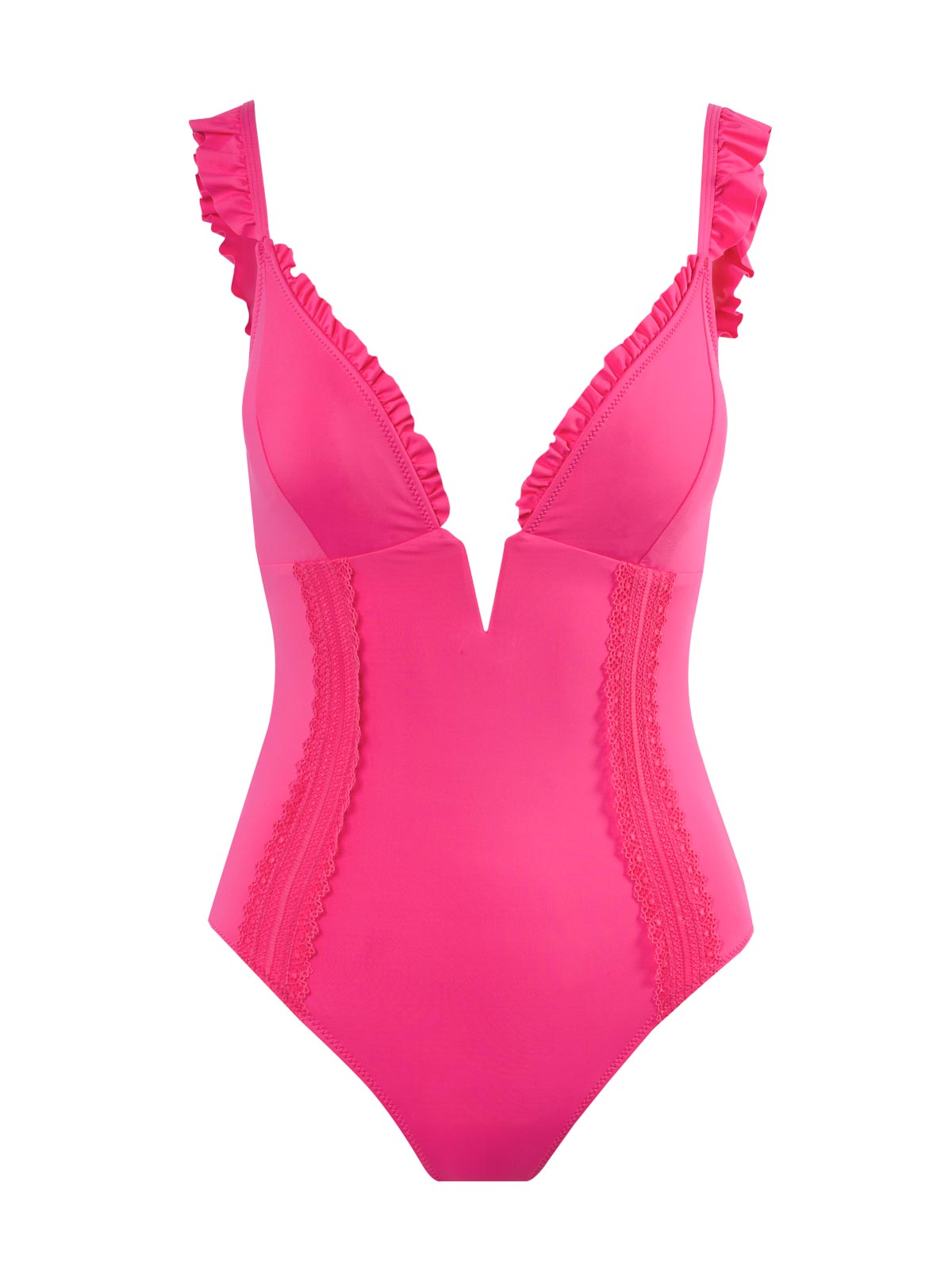 Solids Ruffle Plunge One Piece in Hot Pink | Jessica Simpson Women